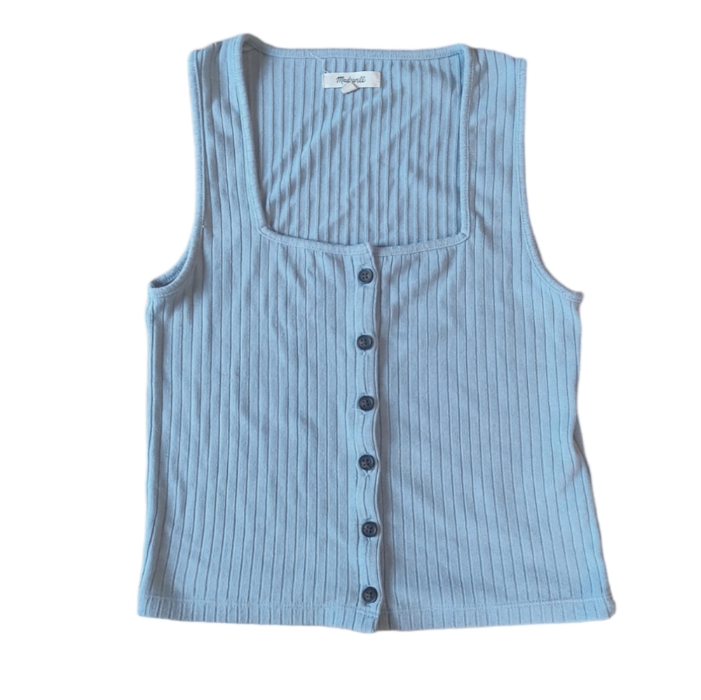 MADEWELL‎ Ribbed Button-Front Crop Tank Terrace Blue Small Square Neckline